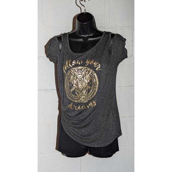 23 Love Street Cold Shoulder Tank Top Elephant Short Sleeve Boho Shirt Medium - Picture 2 of 6